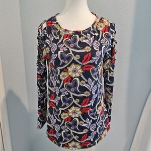 Lulu-B XS Lattice Sleeve Popover Tunic Top Bold Retro Floral Print